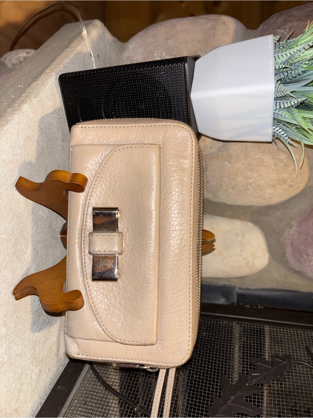Leather Crossbody Wallet Bag in Beige